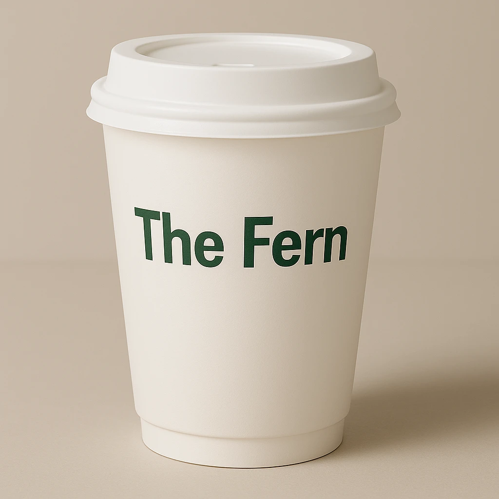Make the white coffee cup a to-go cup with a lid, keep 'The Fern' in a friendly, modern font, minimal and clean style. emoji
