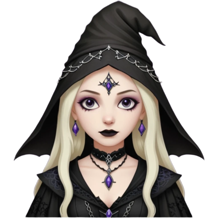 Lena Lovich as a gothic sorceress in huge dirty lace emoji