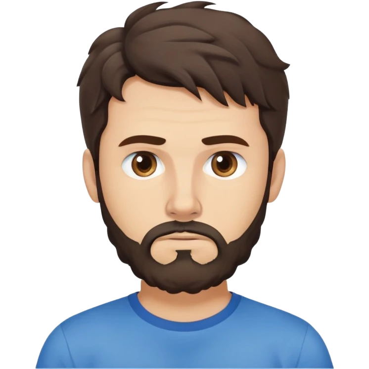 Caucasian Argentine man with wavy dark brown hair, longer loose hairstyle with wavy bangs, short full beard, serious-neutral expression, basic blue t-shirt emoji
