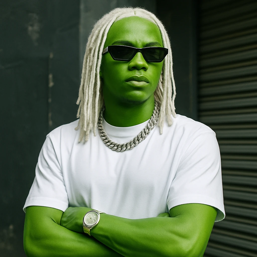 a man with slime green skin, wearing a white shirt, with long white hair, inspired by the look of rapper Nettspend emoji