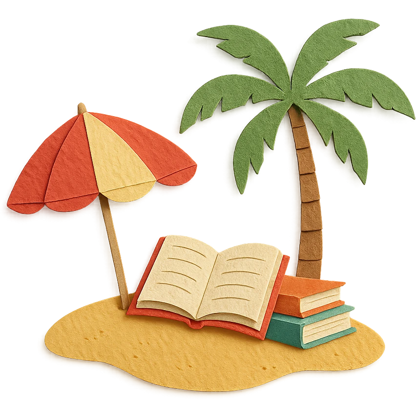 cozy beach reading nook with books, umbrella, and palm tree, layered paper effect, paper-craft style emoji