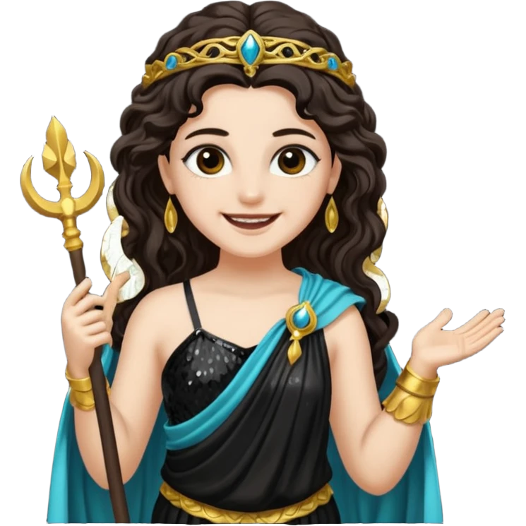Libera, Goddess of Death from Roman Deities with long dark brown wavy hair, black sequin toga emoji