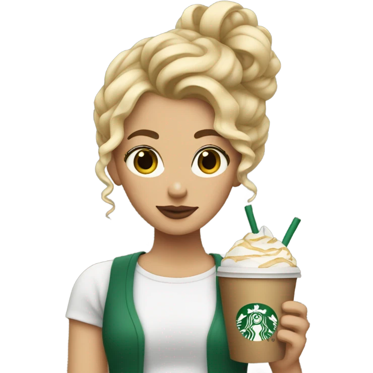 girl holding starbucks, blonde hair in a curly bun emoji