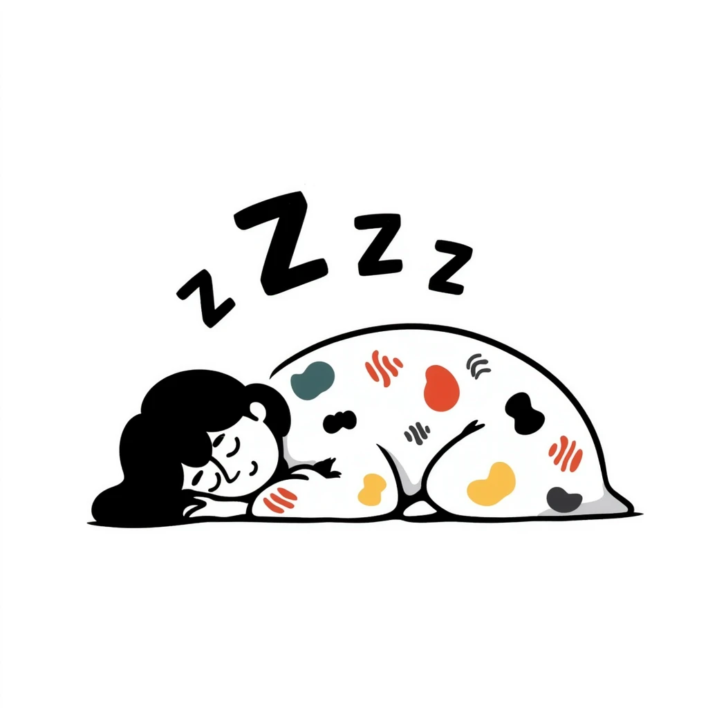 A cute curled-up sleeping person under a colorful blanket with peaceful smile and soft Z's floating. Cozy feeling with gentle pastel colors. Hand-drawn doodle style. emoji