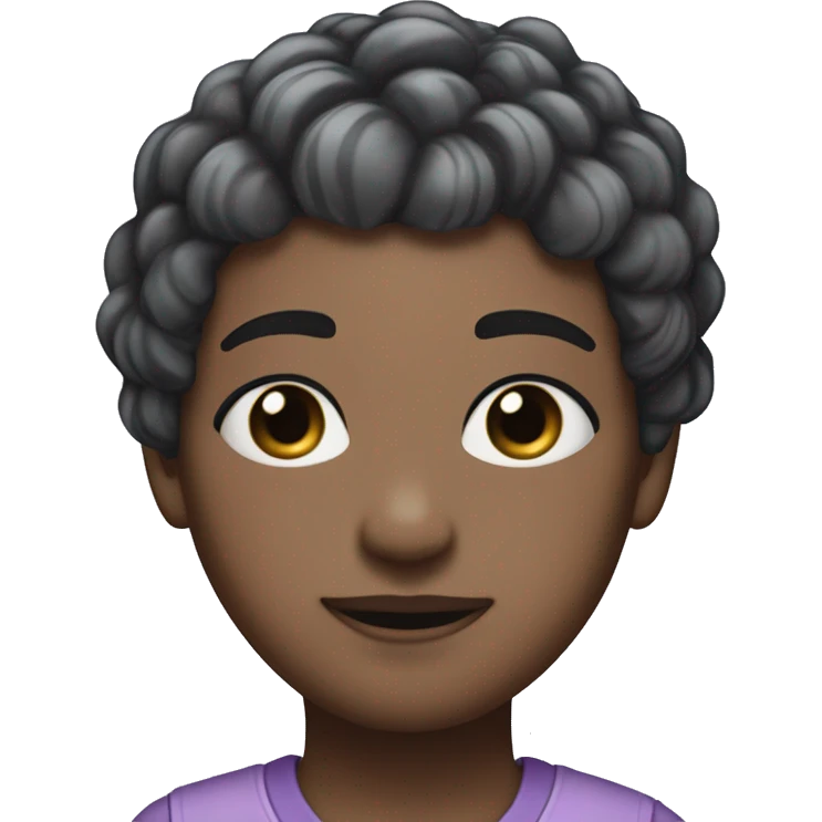 short hair, dyed black at the roots that fade down to a pinkish/purple color at the ends. Their eyes are a silvery light blue. They have a headband with two small black horns, and wear several silver hairclips in their hair. emoji