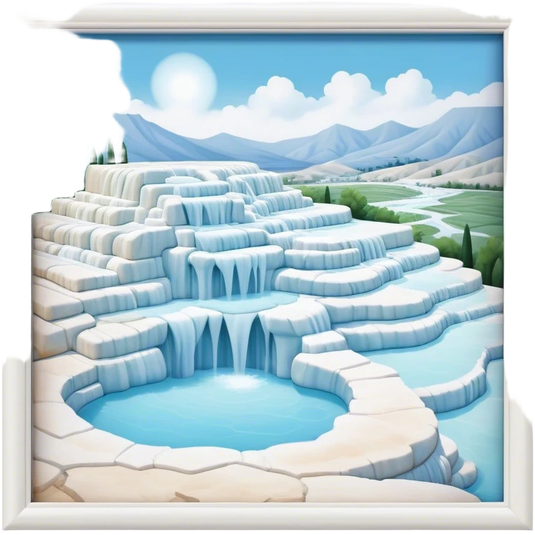 Cinematic Realistic Pamukkale Landmark Emoji, showcasing surreal cascading terraces of thermal waters rendered with ethereal textures and soft, luminous lighting. emoji