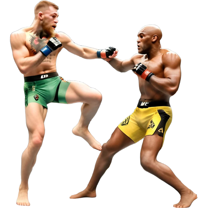 An MMA showdown between Conor McGregor and Anderson Silva in the octagon. McGregor is executing a powerful jumping strike, while Silva is expertly blocking the attack with his forearm. The background features the UFC octagon, fans in the distance, and dynamic action. Transparent background emoji