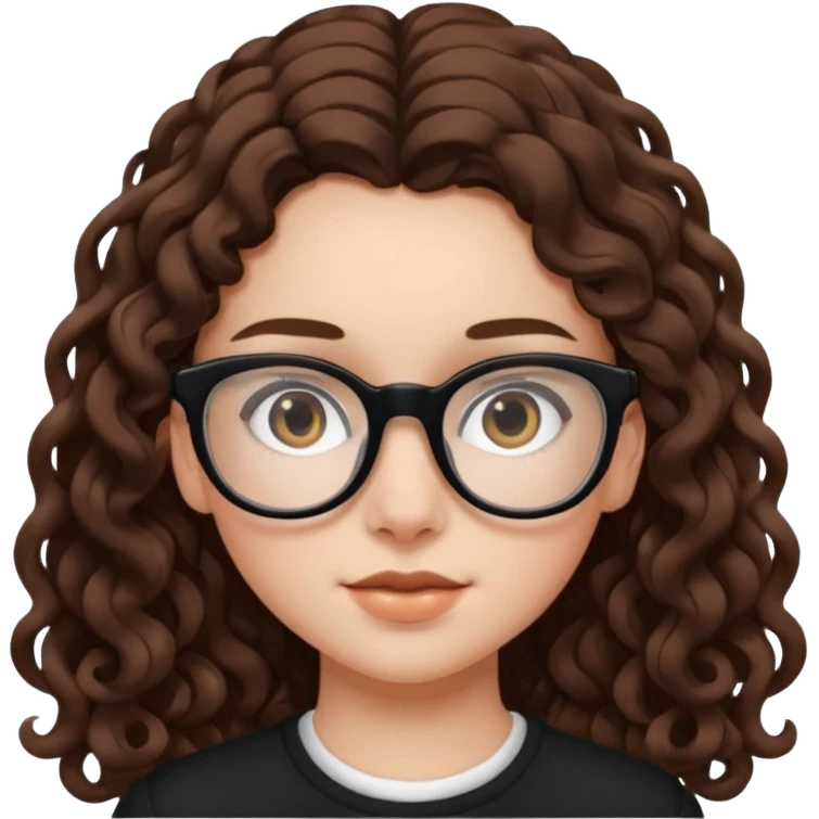 white teen girl with long brown curls and black frame glasses emoji