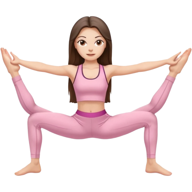 white brunette girl long hair with hazel eyes in light pink workout clothes doing the middle splits emoji