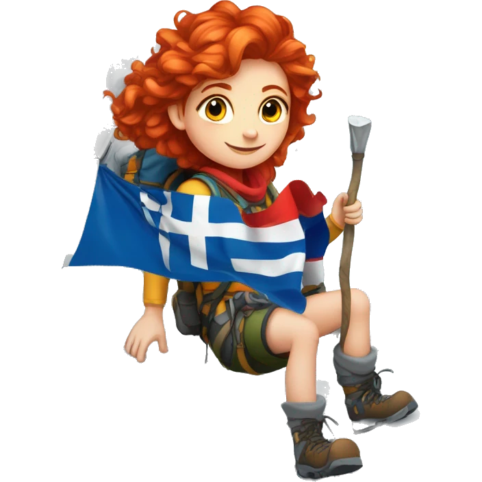 Female winter mountain climber red hair white skin climbing with Greek and EU flags and Easter eggs basket emoji