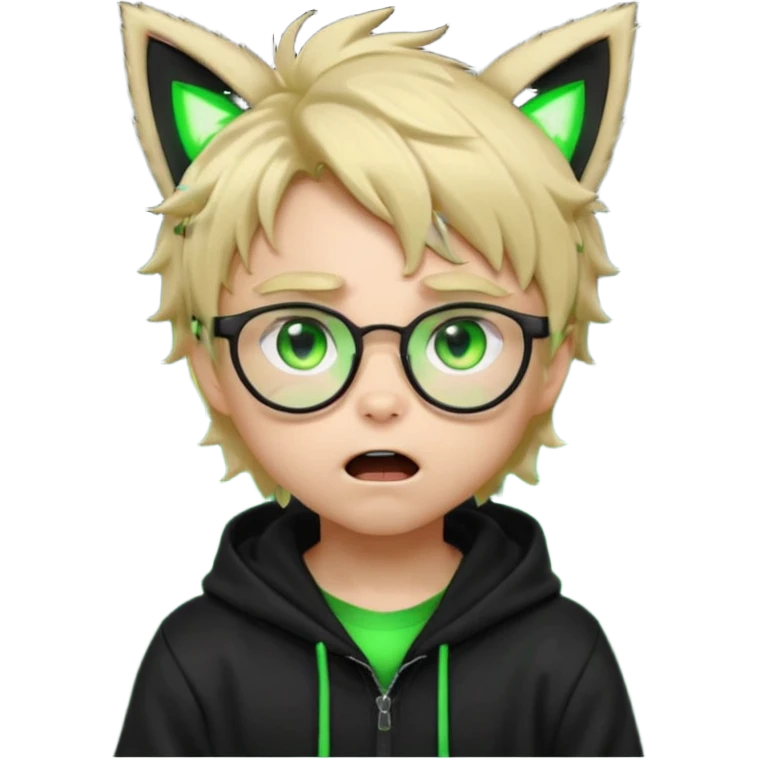 Cute chibi hacker boy emoji, blond messy hair, black glasses, black hoodie with neon green cat ears, wide glowing green eyes, shocked expression, open mouth, dramatic neon lighting, kawaii emoji style emoji
