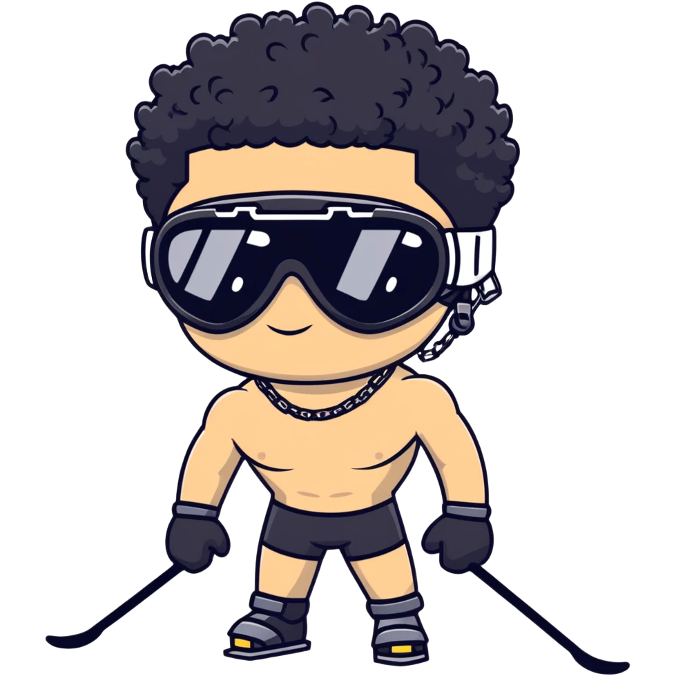 shirtless male athlete with white skin and moderately curly black hair on top with shaved sides, wearing black ski goggles with very dark heavily tinted black lenses that completely hide the eyes, and a simple plain black chain necklace, no earrings emoji