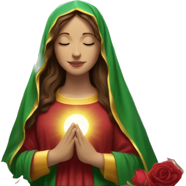 Virgin Mary: kind face looking down at the left, long brown hair, Wearing an emerald green  robe with gold stars and a burgundy red dress,  Hands in prayer or blessing. Halo around her head. standing in front of a big sun. colorful roses on the sides  emoji