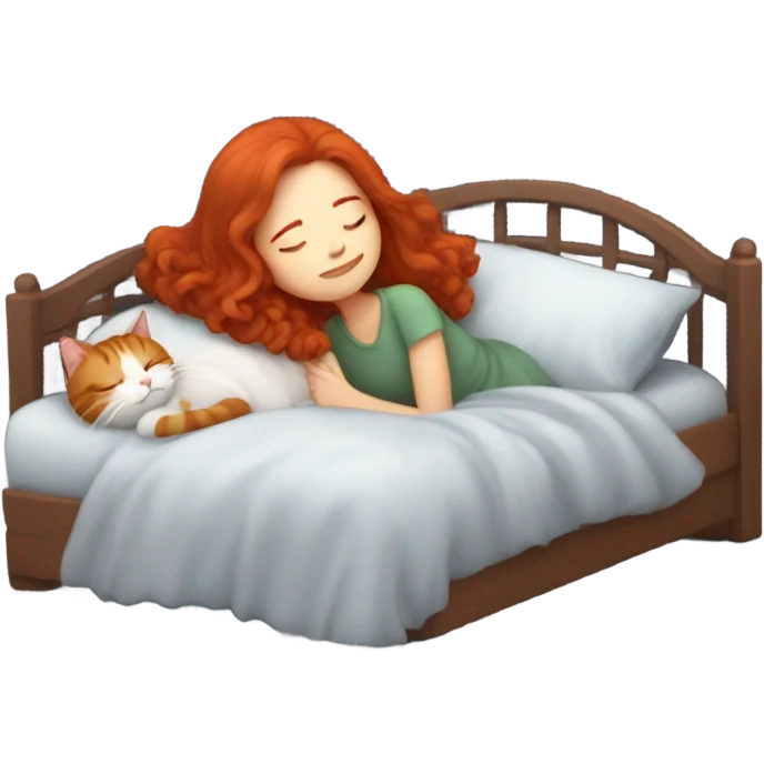 Long red hair girl sleeping with cat in bed emoji
