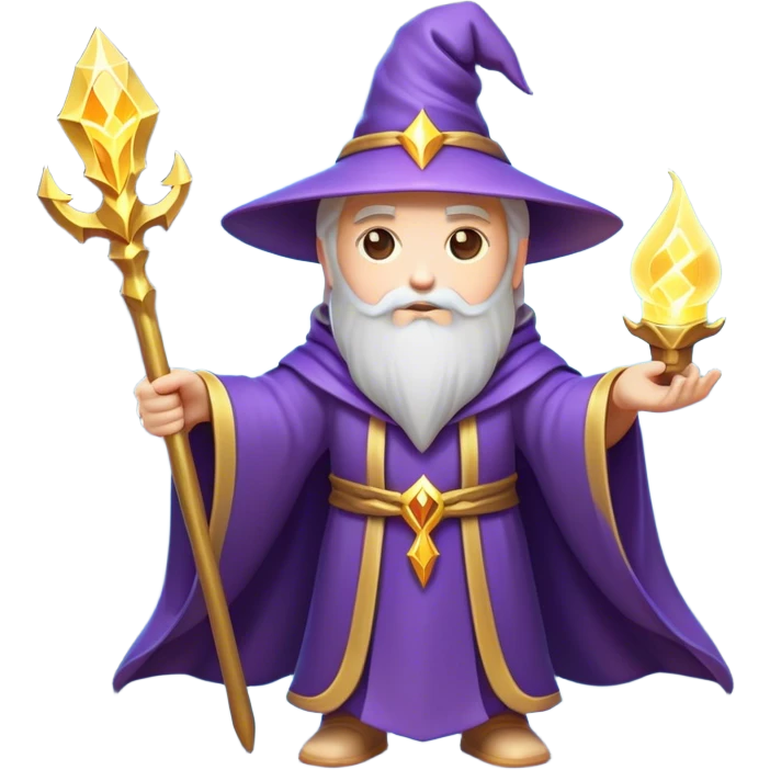 Clash of Clans aesthetic: Cinematic heroic powerful Wizard Hero Emoji, rendered in a 3D vector-style similar to standard emojis with minimal shading and bold, simplified shapes. A compact, isometric figure draped in flowing enchanted robes and wielding a mystical staff, softly glowing with an arcane magical charm. Simplified yet unmistakably iconic, highly detailed and consistent, glowing with a soft radiant glow and high shine. Stylized with a touch of whimsical sorcery and a soft glowing outline, capturing the essence of a powerful wizard ready to cast spells with a friendly, playful spirit! emoji