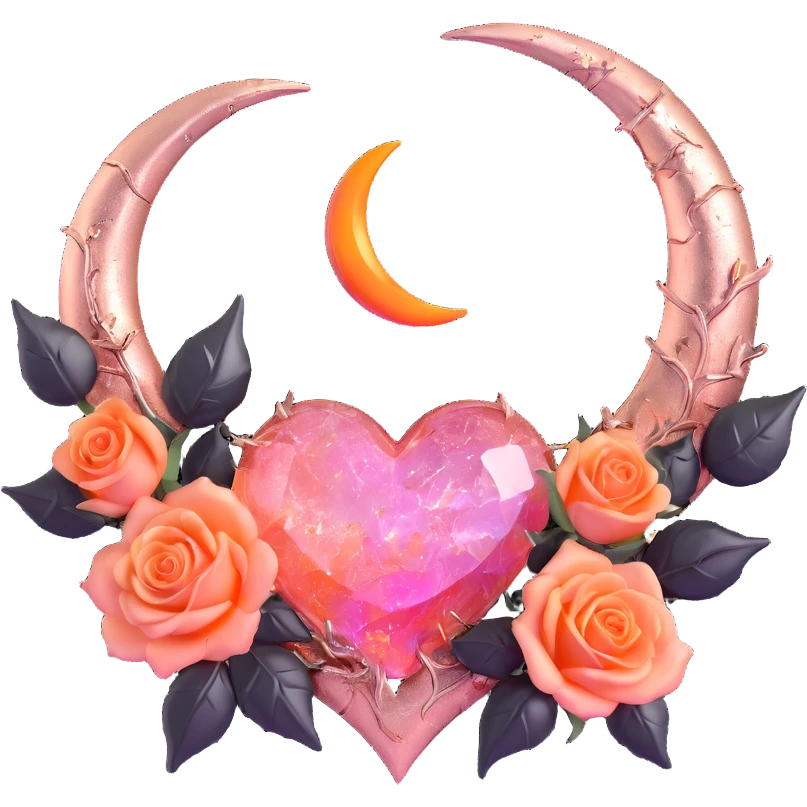 gothic heart made of rose gold glass, silver crescent moon, blush pink roses, holographic stardust, neon orange lightning, wet and cracked glass emoji