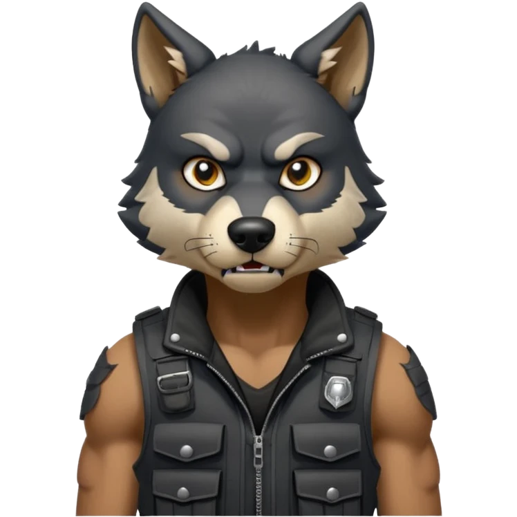 A black anthropomorphic wolf with white marks, he is wearing a muzzle, and his ears are standing up with a variety of piercings. He has a black tactical vest on, and he is in a grumpy mood, his arms just hanging by his side emoji