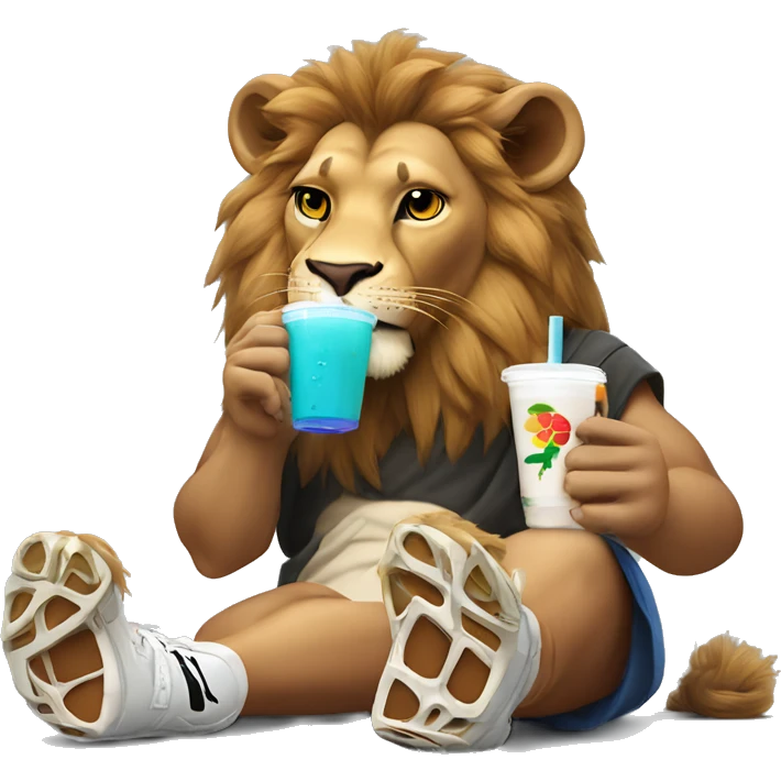 Lion drinking boba tea wearing a Nike tech and jordans  emoji