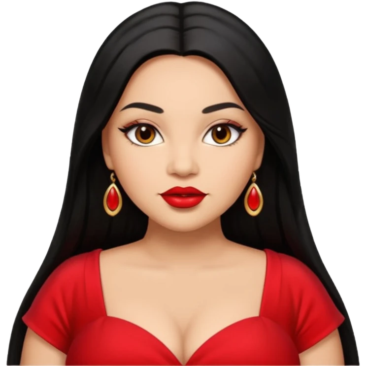 Light skin brown eyes glamorous full figured women black long straight hair red lips emoji