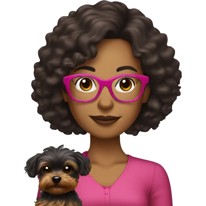 40 years old woman with dark brown long hair ,slidly curly wearing glasses with a dark pink frames  holding a yorkie dog emoji