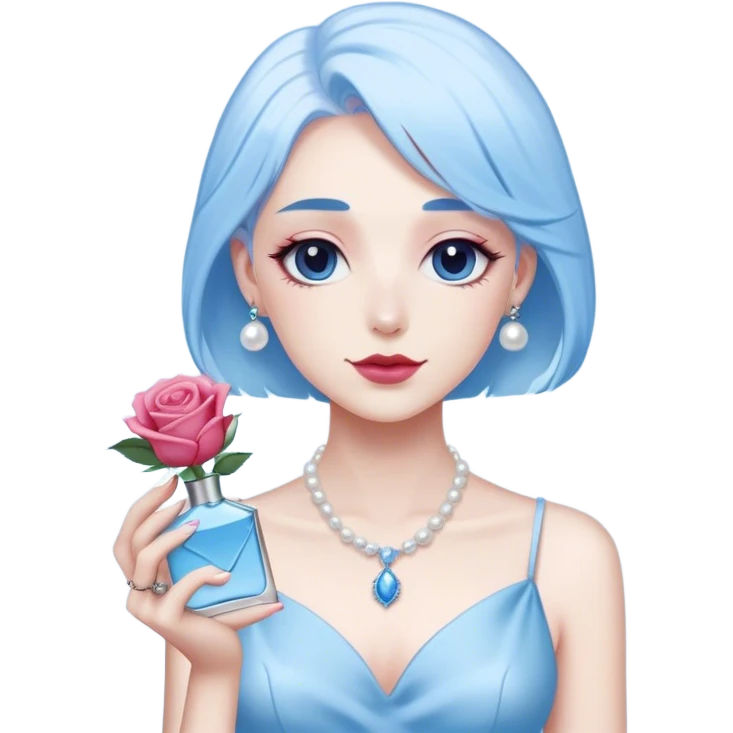 white-blue. rose next to a pearl-colored envelope and a flacon of aesthetically pleasing perfume in powder blue  emoji