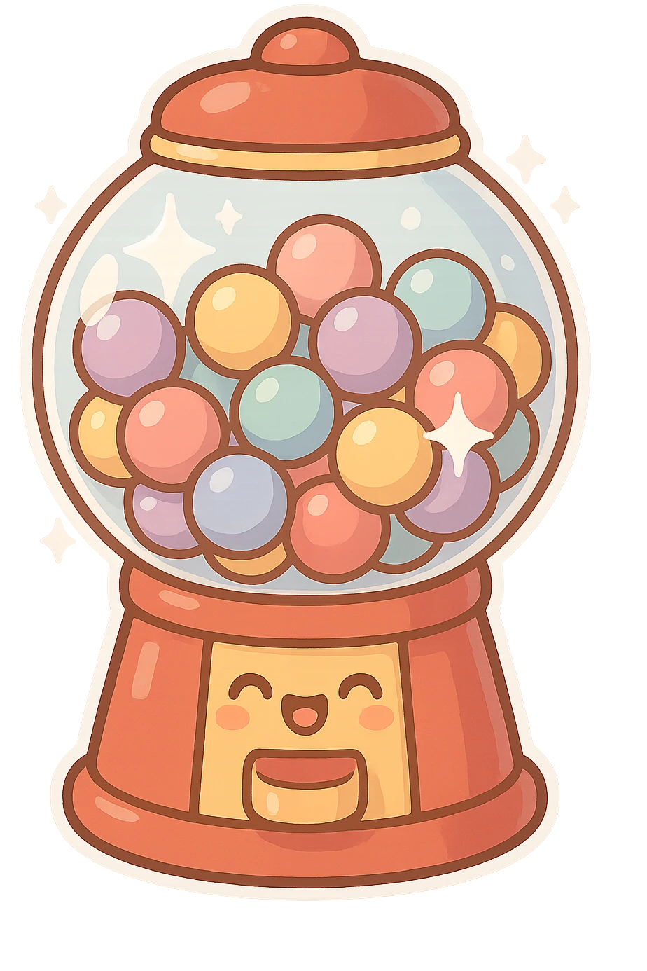 chibi sticker-style bubble gum machine with sparkles, cute and exaggerated emoji