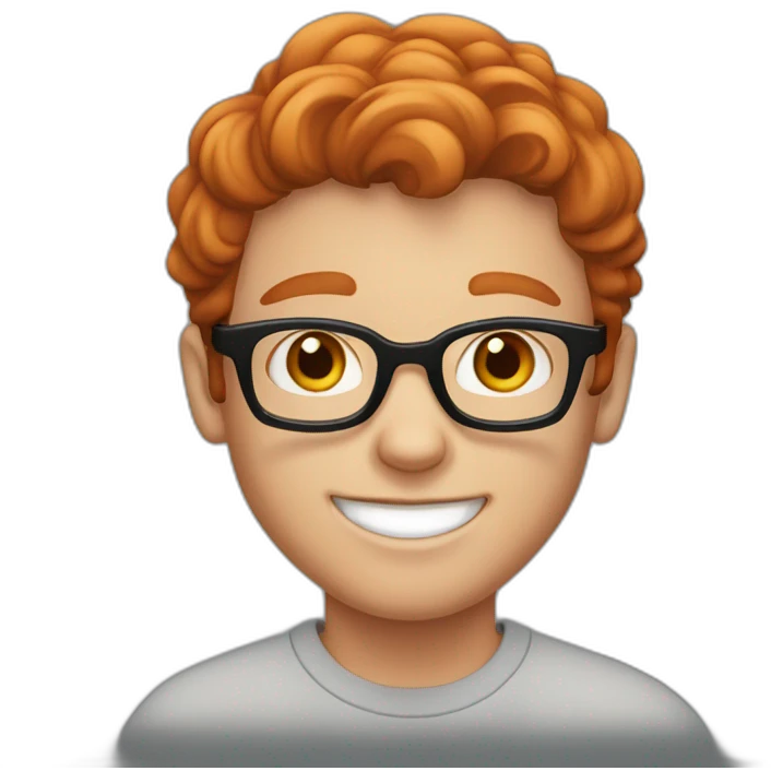 A redheaded boy with freckles smiling. He's wearing a black sweatshirt and Y2K glasses. emoji