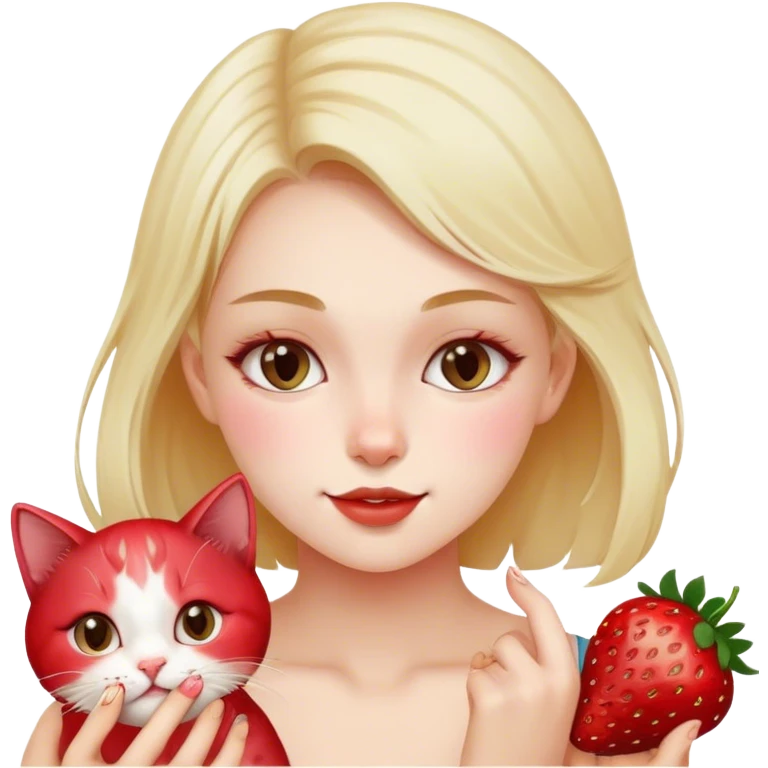 Cat and girl eating strawberries  emoji