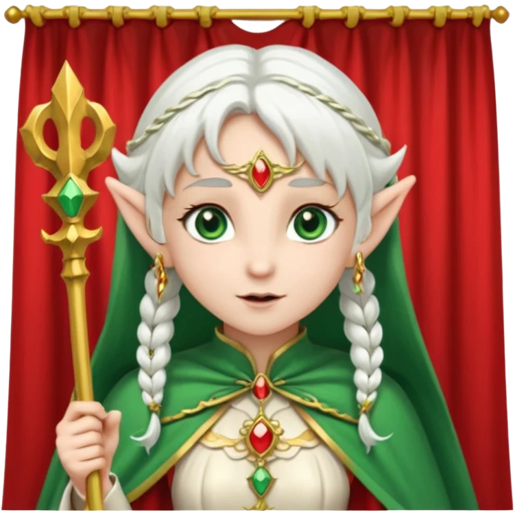 an elf with very white hair and two long pigtails on the side of her head, she has a curtain bang, green eyes, she has a white cape with golden borders and a scepter with a red orb, she has earrings that look like red drops emoji