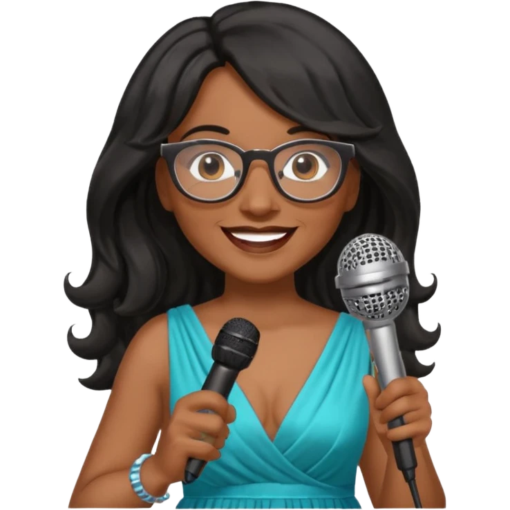 singer, Middle age, long wavy black hair, brown skin, wearing dress, holding mic, glasses emoji
