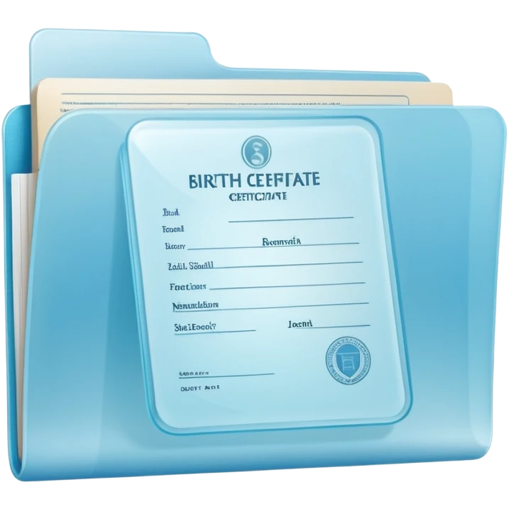 A simple emoji-style icon of a transparent plastic folder, clean and minimal, with rounded corners, subtle translucency, soft shading, and a small official documents symbol representing birth certificate, and SS. emoji