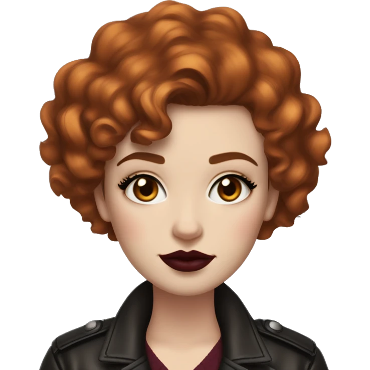 Girl with very pale skin, dark orange curly short hair with a side part, heavy cat-eye makeup, long eyelashes, dark maroon blush and lipstick.  Her eyebrows are dark, arched and very high.  Hazel eyes. Big lips. Thin. Wearing a leather jacket  emoji