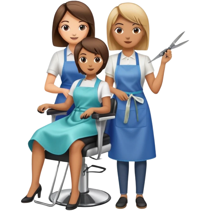 woman getting a haircut from a female hairstylist, client sitting in chair with apron, hairstylist standing behind holding scissors emoji