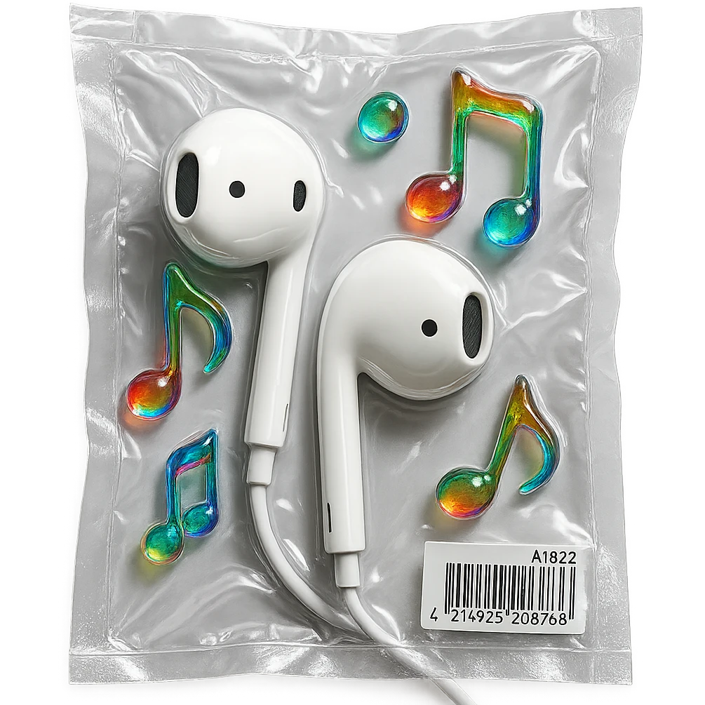 white EarPods headphones with three small rainbow glass music notes arranged around, glossy emoji