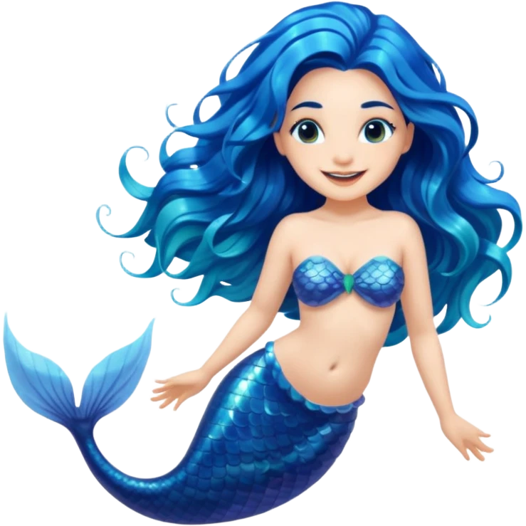 Beautiful mermaid, long flowing blue hair, underwater scene emoji