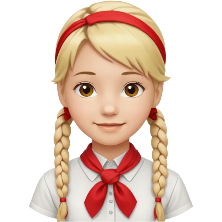 A Soviet pioneer girl emoji — smiling young girl with blonde hair tied into two short braids. She wears a white school shirt and a wide bright red pioneer neckerchief tied in a loose triangular knot at the chest (not a necktie). No suspenders, no jacket, no hat. Без красных повязок на голове emoji