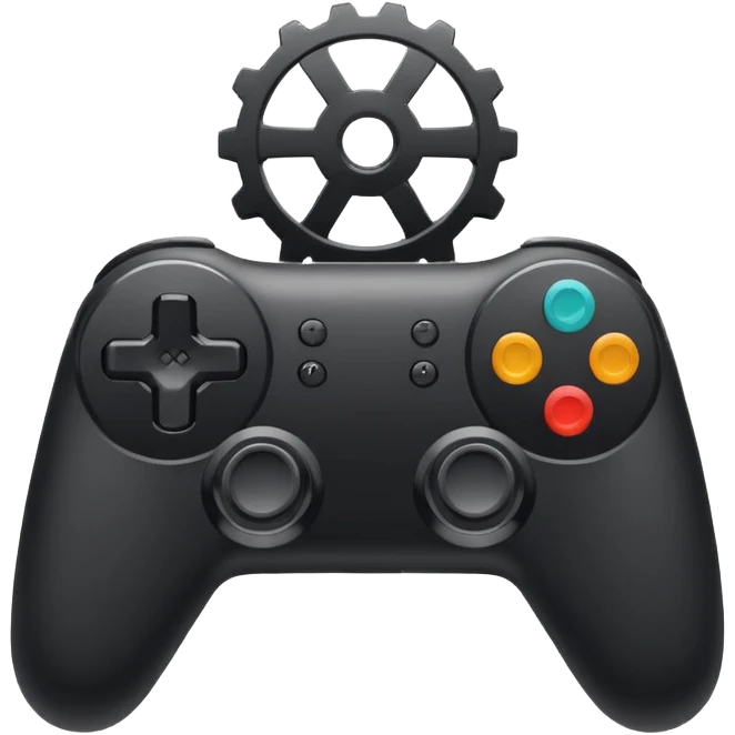 Minimalistic flat vector icon, iOS style, thin black contour on white background. Game controller with a gear symbol. Clean, no text, no shadows emoji
