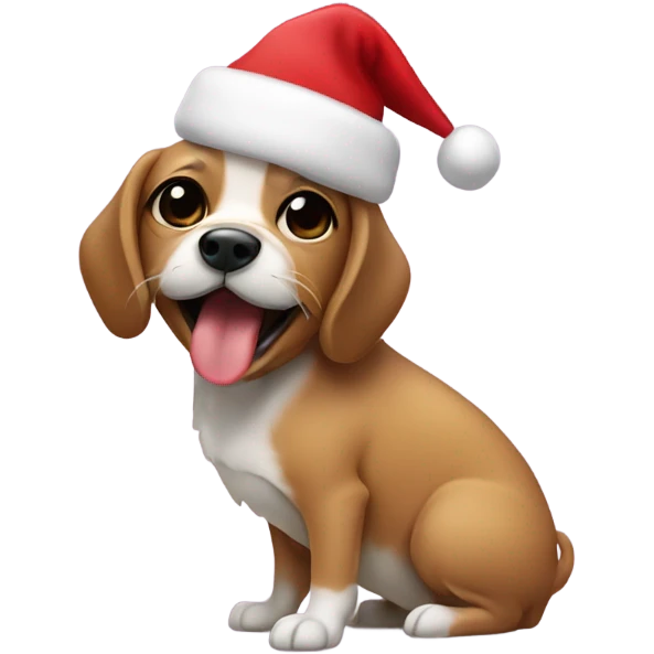 Small dog with tongue hanging out mouth closed, Christmas tree in the background emoji