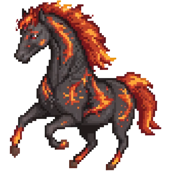 Red fast fire horse made of embers, magma, visible lava, burning, with ash particles surrounding it. Horse galloping with a fiery mane and tail. emoji