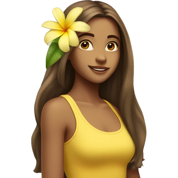 pretty girl with long brown hair in summer with a frangipani flower in her hair above her ear wearing a yellow tank top you can see emoji