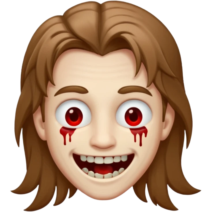 парень с русыми длинными волосами; бледная сероватая кожа; белые глаза; открытая улыбка, где на зубах кровь;  emoji