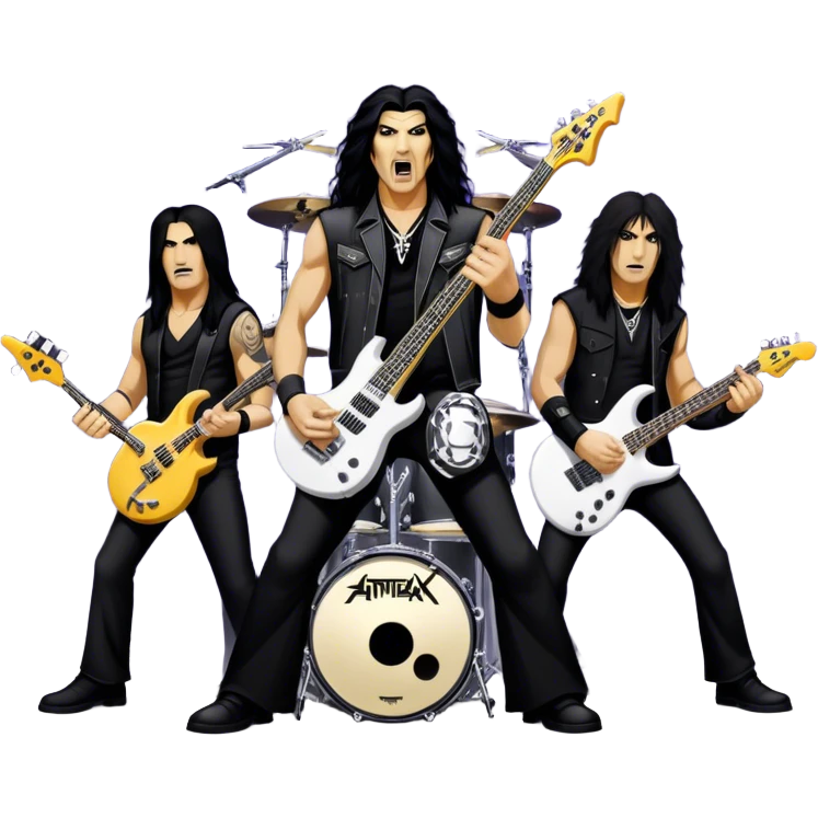 Icon for Heavy Metal: Anthrax live concert with Charlie Benante on drums, Joey Belladonna on vocals, Frank Bello on bass, Jonathan Donais and Scott Ian on guitars. The intense energy of the band is captured with instruments and stage lighting. Transparent background. emoji