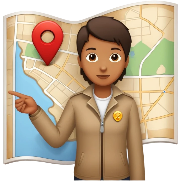 character standing next to location pin on a map emoji