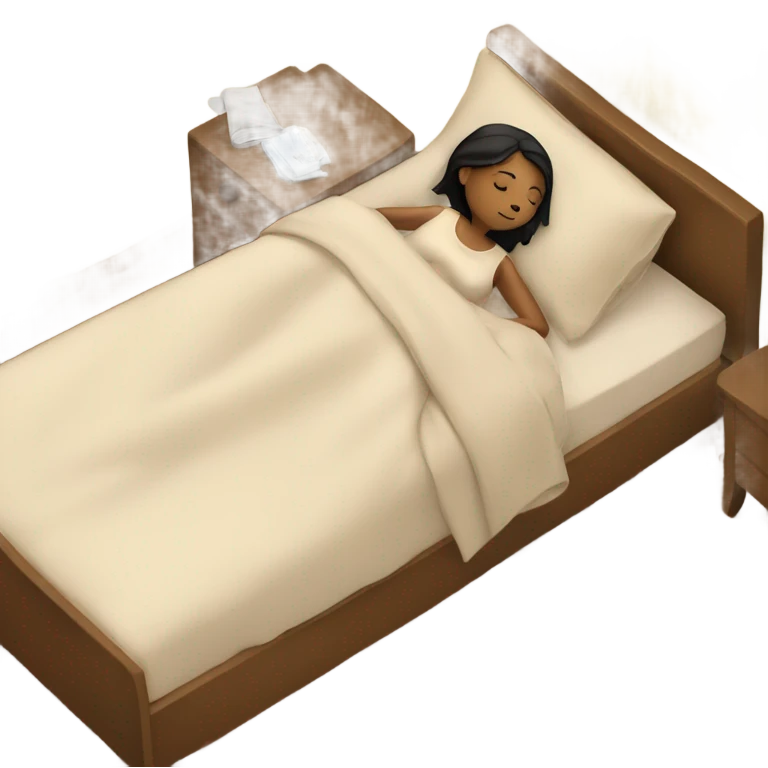 A girl sleeps in beige bed linen emoji