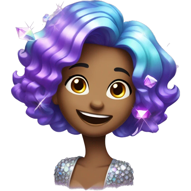 one girl with purple diamond hair made from purple crystals or diamonds or jewels, she is feeling happy and elated and excited, make her hair shiny with prisms and angles and edges emoji