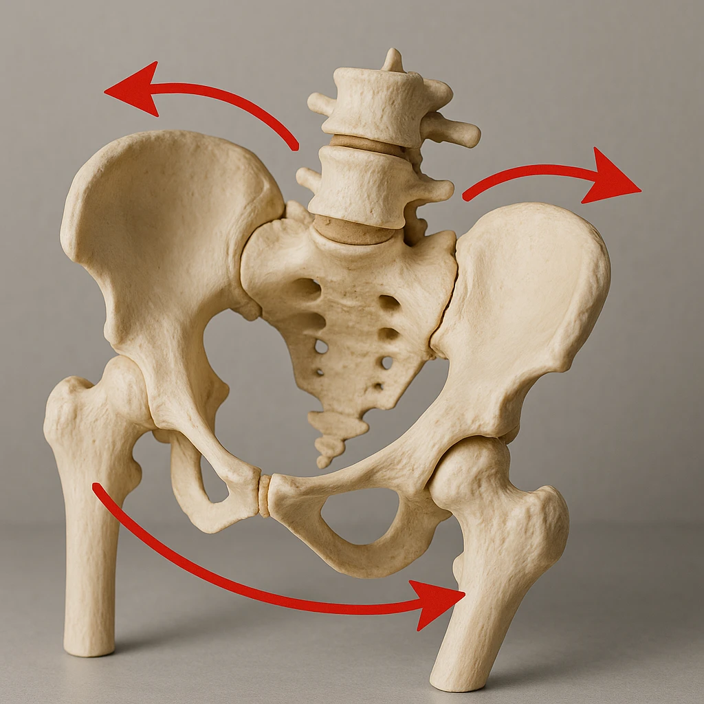 realistic human pelvis tilted, 4K resolution, detailed anatomical features, marked lateral tilt, red arrows and curved lines indicating tilt direction, oblique view, clinical atmosphere, neutral background emoji
