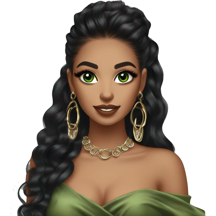 Glamorous, streetwear or cocktail dress, black balayage hair, half up half down hair, olive skin, green almond eyes, winged eyeliner with big lashes, wearing hooped earrings, rings and bracelets  emoji