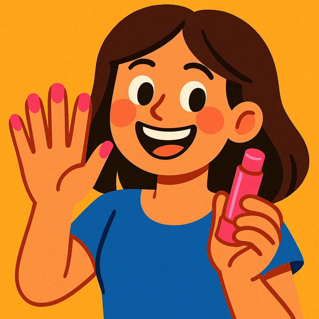 brunette girl happily showing off her pink nails and holding a pink lip balm, vibrant and cheerful style emoji