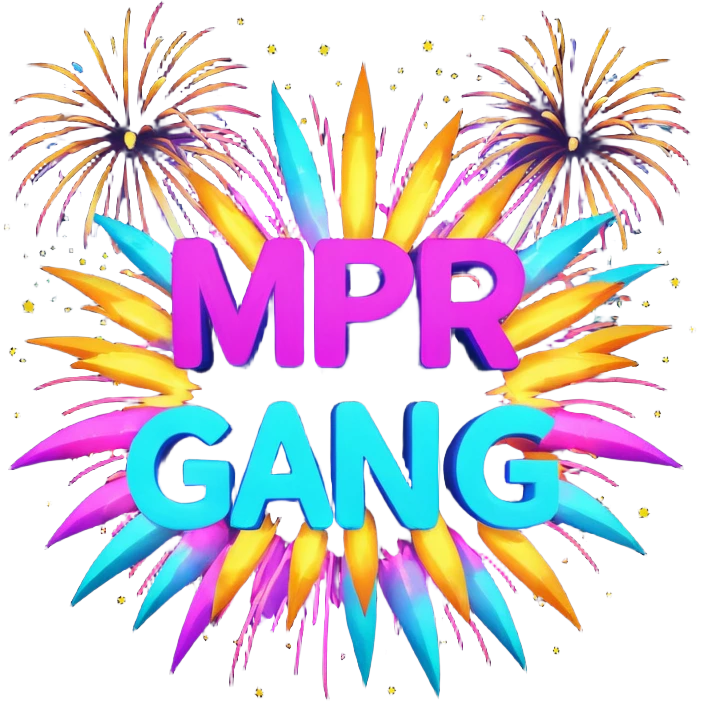 Create a bold, over-the-top emoji-style design featuring the text “MPR Gang” in large, glowing letters surrounded by explosive fireworks, neon colors, and dynamic energy effects. The style should feel celebratory, chaotic, and powerful, like a wild party or epic team victory. emoji