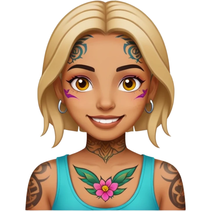 girl with bold face tattoos, happy face, wearing a colorful shirt emoji
